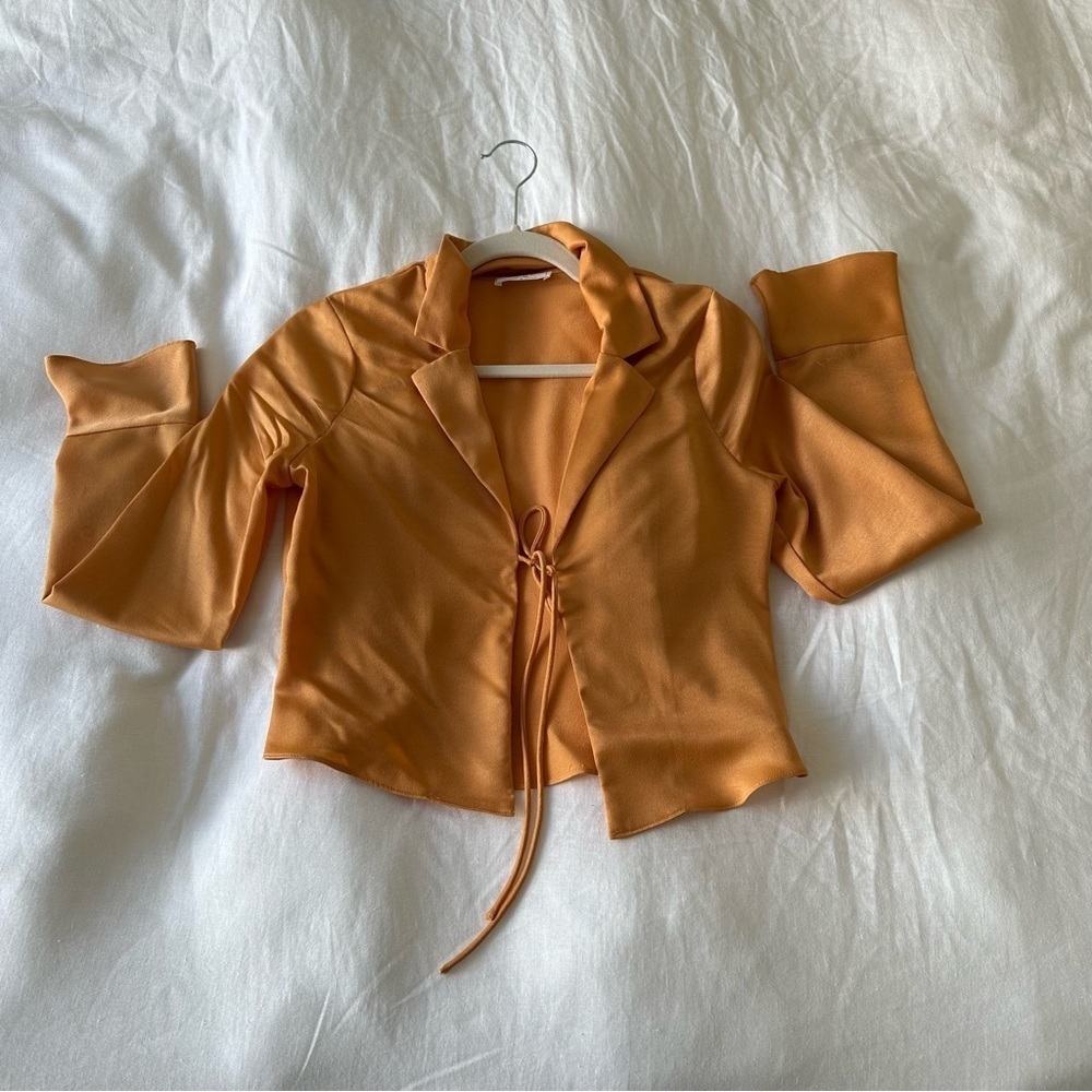 Sage The Label Satin Tie Front Top Long Sleeve Blouse Orange Going Out Crop S - Picture 7 of 8